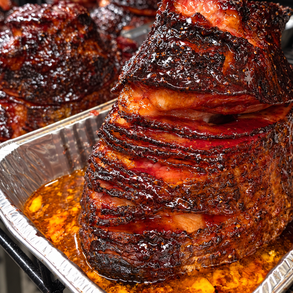 Glazed, charred stacks of roasted meat sit in a foil tray filled with savory juices.