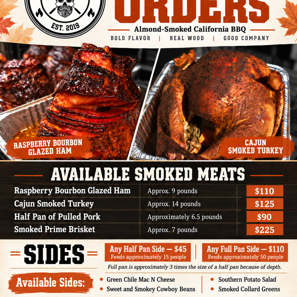 Thanksgiving catering flyer featuring raspberry bourbon glazed ham, Cajun smoked turkey, available smoked meats, sides, and ordering information.