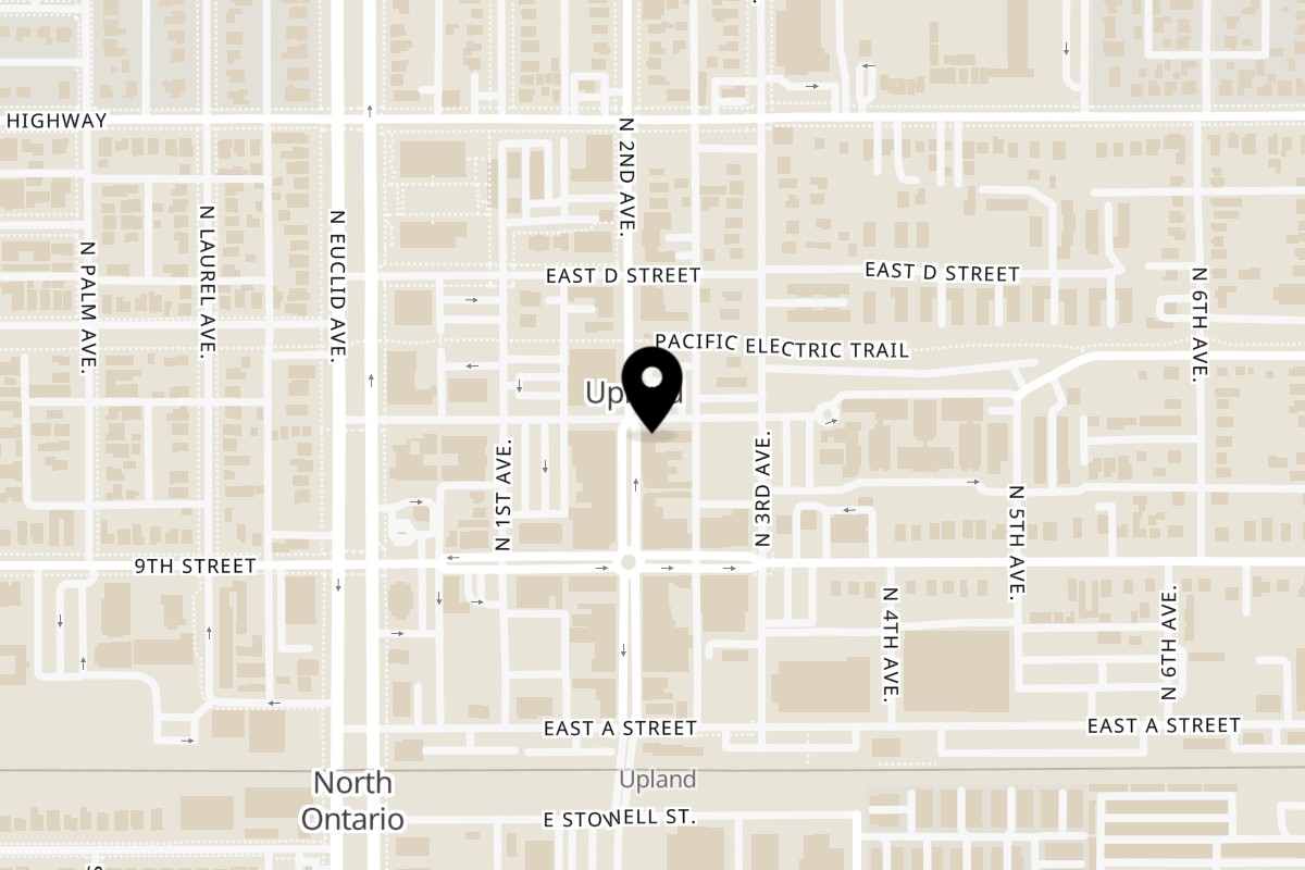 Map showing the location of Crazy Gringo BBQ on 296 N 2nd Ave in Upland
